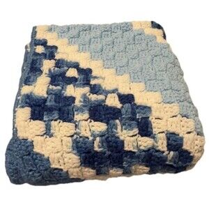 Vintage Handmade Crocheted Afghan Baby Throw Blue Cottagecore 49" x 49"